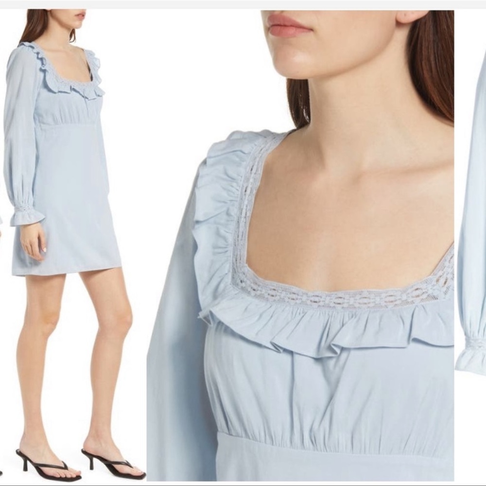 Reformation Women's Trim Laces Square Neck Mini Dress Long Sleeves Gray Size 4